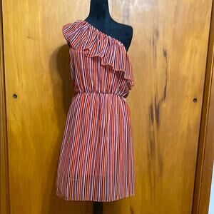Orange Purple Striped Knee Length Dress Ruffle One Shoulder Sundress Fairy Flowy